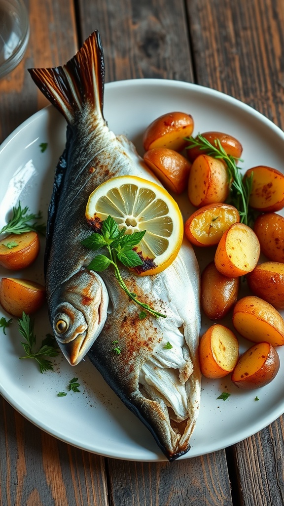 Mediterranean Branzino with garlic roasted potatoes, garnished with herbs and lemon on a rustic table.